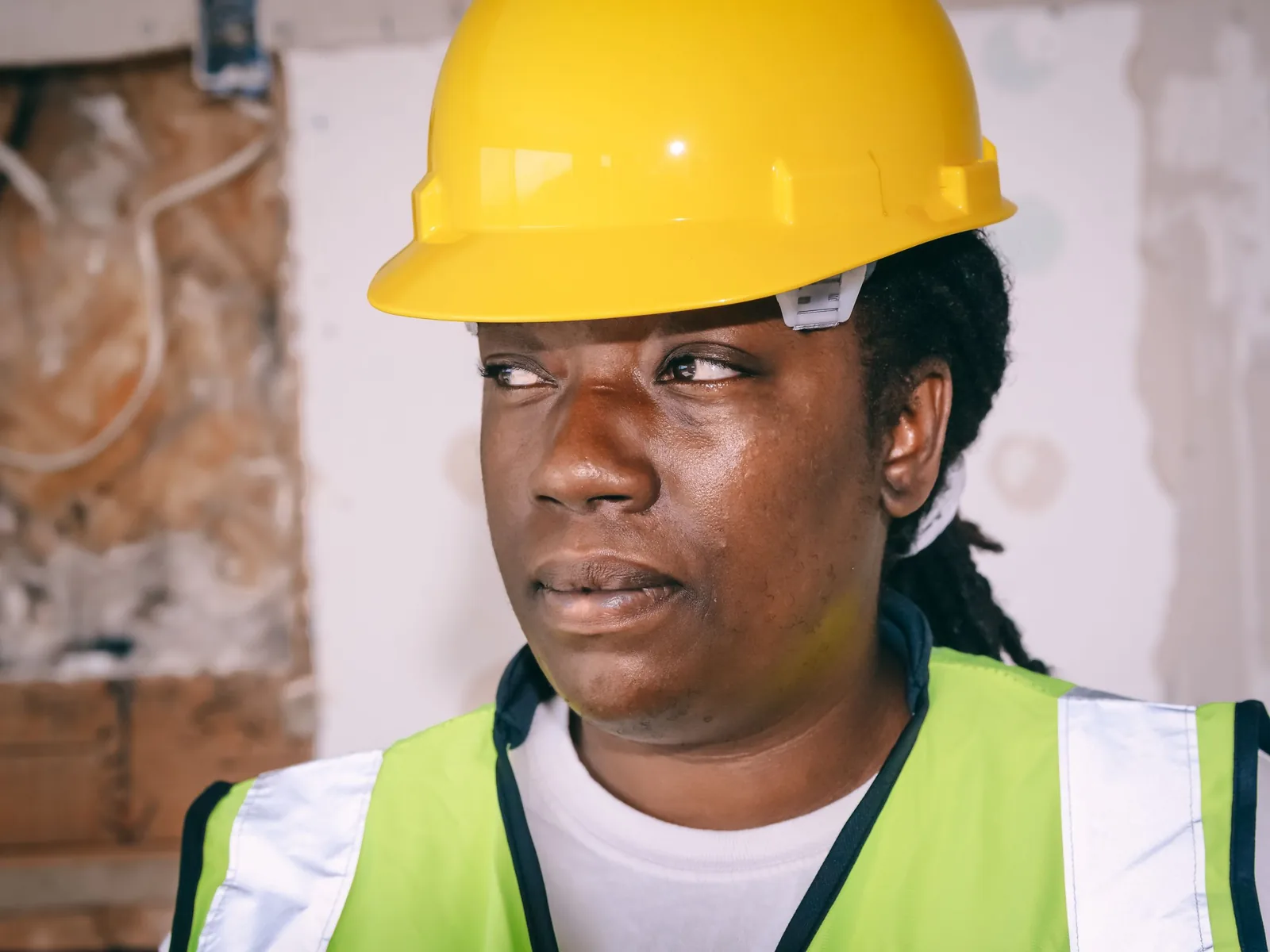 A site engineer in a yellow hard hat and high-visibility vest